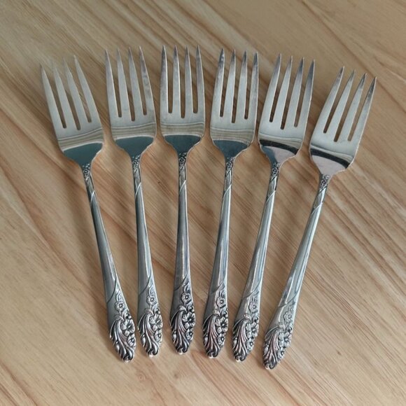 Oneida Evening Star Salad Forks Set Of 6 1950s Floral Pattern 6.75" Silver Plate - Picture 1 of 10